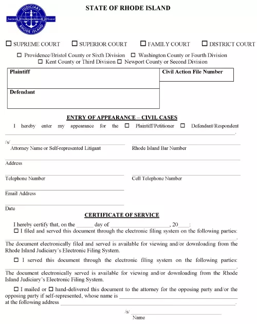 Rhode Island Entry of Appearance Civil Cases PDF