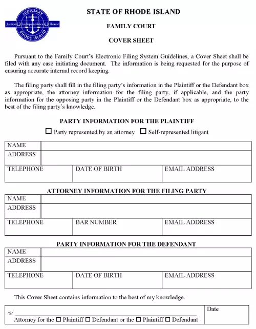 Rhode Island Family Court Cover Sheet PDF
