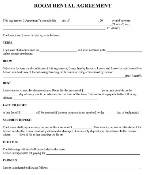 Room Rental Agreement Form PDF