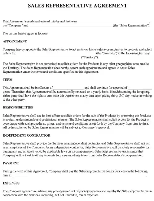 Sales Representative Agreement Form PDF