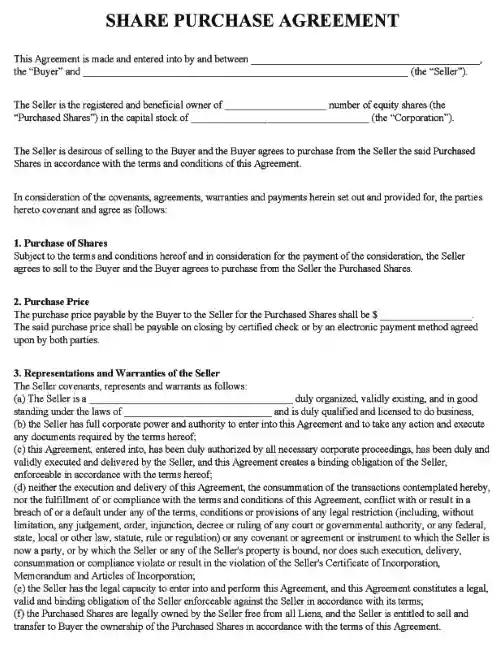 Share Purchase Agreement Form PDF