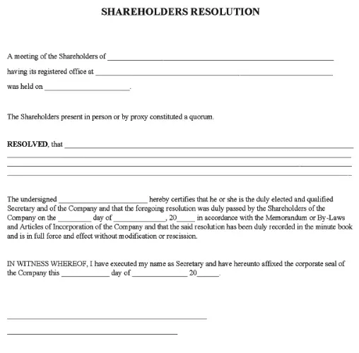 Shareholders Resolution Form Word