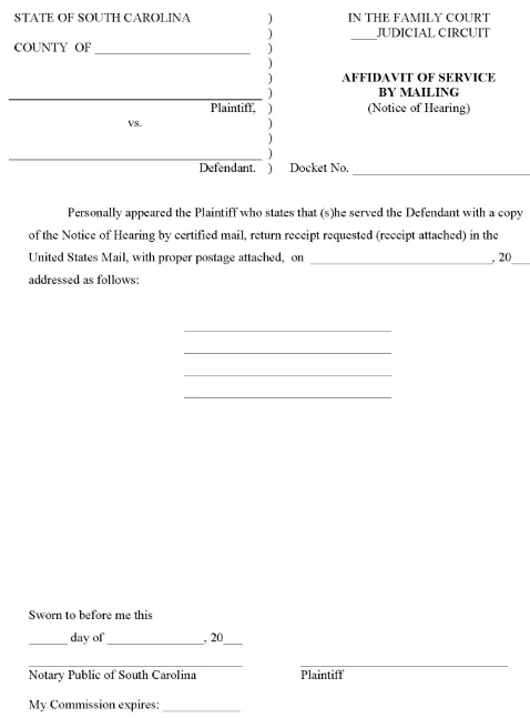 South Carolina Affidavit of Service by Mailing Notice of Hearing PDF