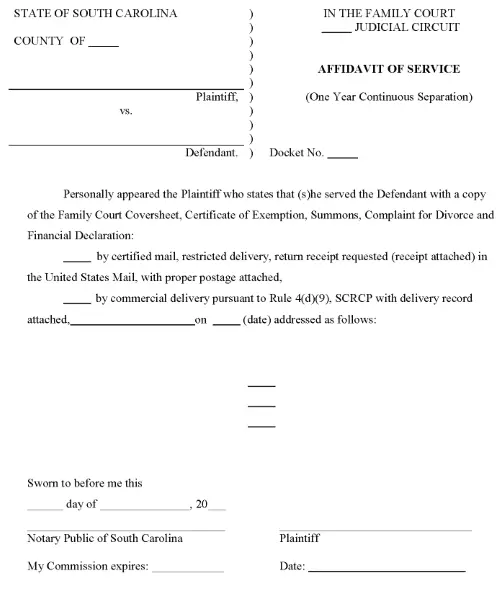 South Carolina Affidavit of Service by Mailing PDF