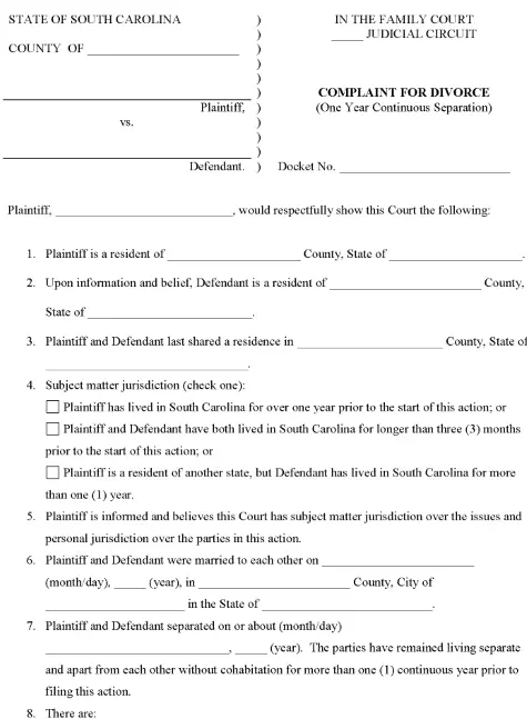 South Carolina Divorce Forms