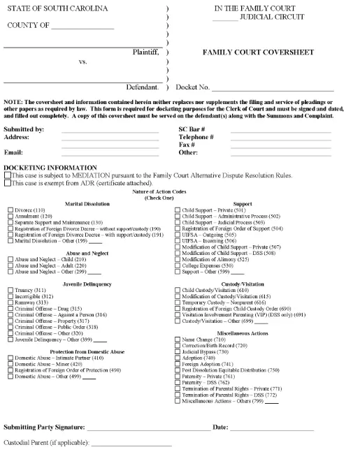 South Carolina Family Court Coversheet PDF
