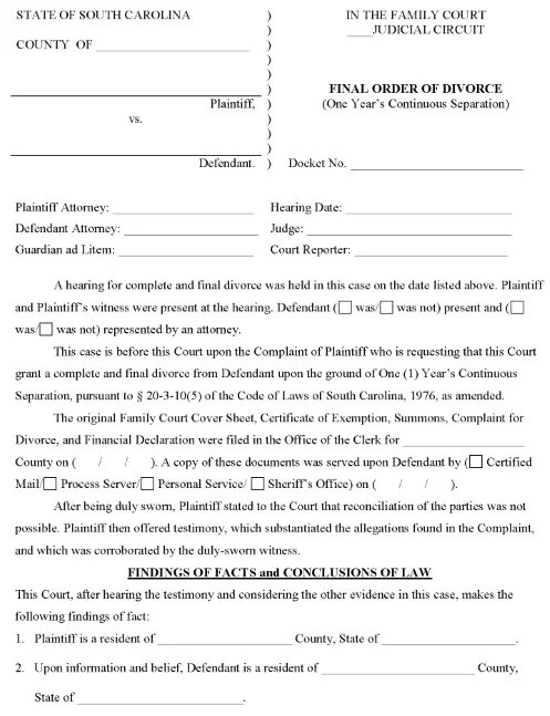 South Carolina Final Order of Divorce PDF