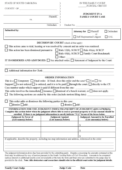 South Carolina Judgment in a Family Court Case PDF