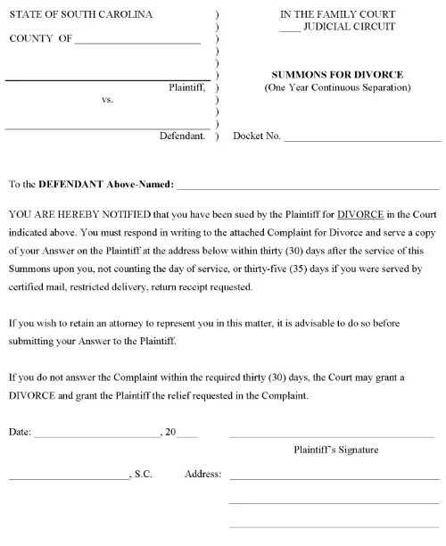 South Carolina Summons For Divorce PDF