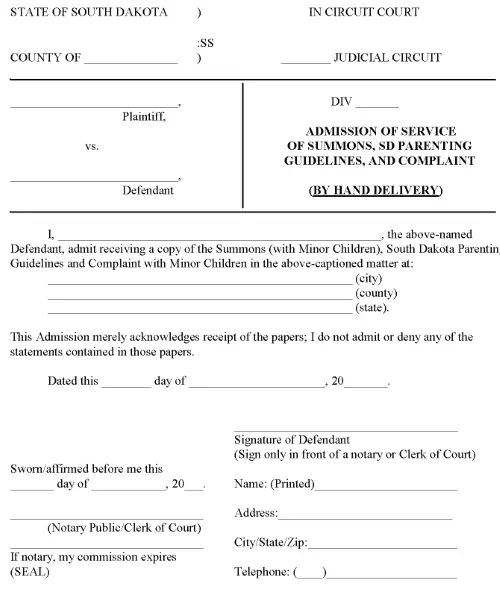 South Dakota Admission of Service of Summons PDF