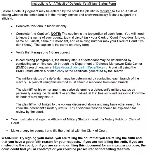 South Dakota Affidavit of Defendants Military Status PDF