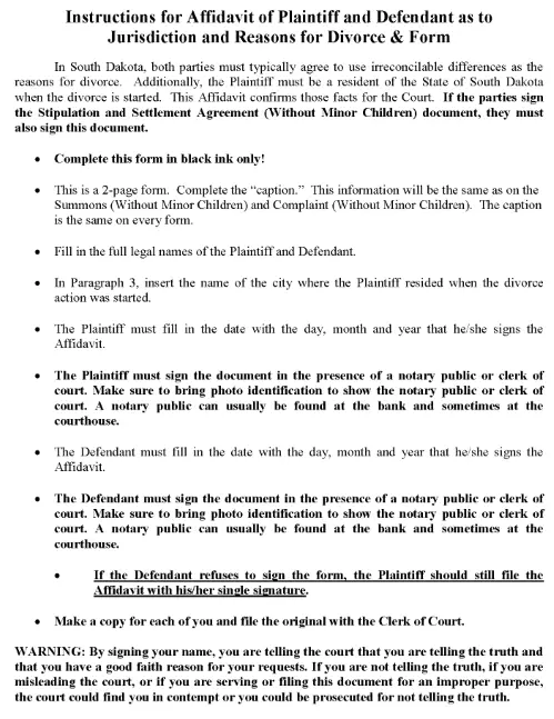South Dakota Affidavit of Plaintiff and Defendant Without Children PDF