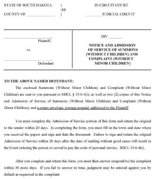 South Dakota Notice and Admission of Service of Summons and Complaint Without Children PDF