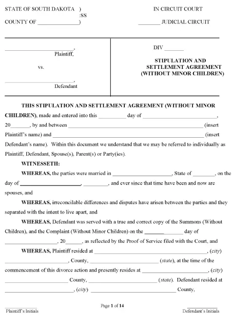 South Dakota Stipulation and Settlement Agreement Without Children PDF