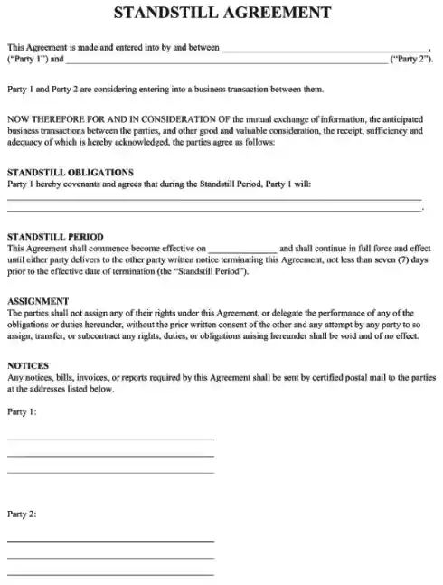 Standstill Agreement Form