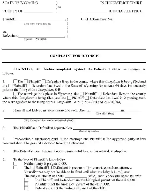 State of Wyoming Divorce Forms
