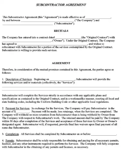 Subcontractor Agreement Form PDF