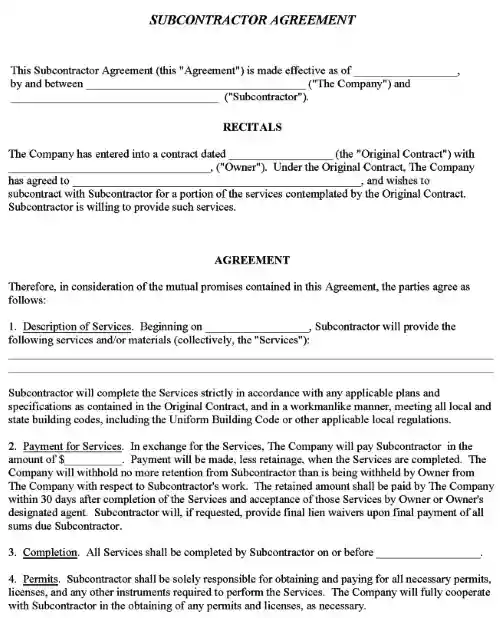 Subcontractor Agreement Form