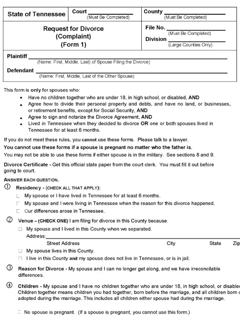 Tennessee Divorce Forms