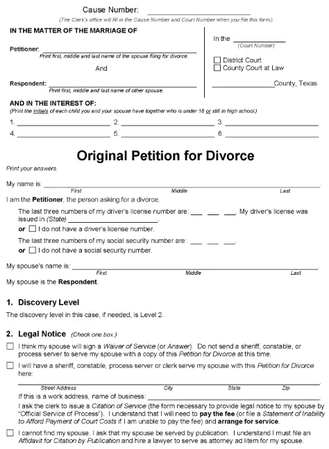 Texas Original Petition For Divorce Packet Divorce By Default PDF