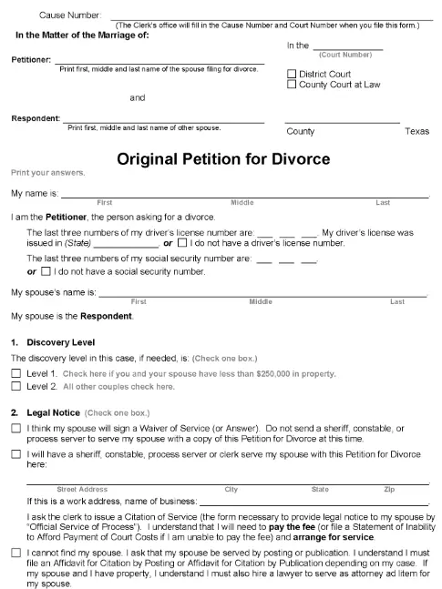 Texas Original Petition For Divorce Packet Same Sex Marriage PDF