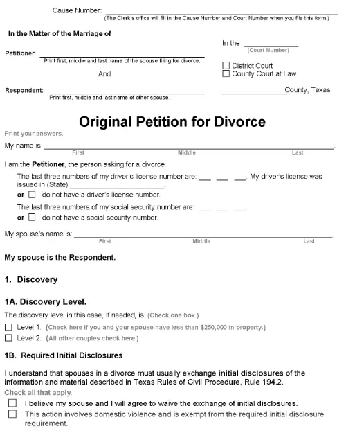 Texas Original Petition For Divorce Packet Traditional Marriage PDF