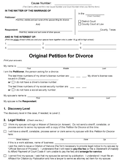 Texas Original Petition For Divorce With Minor Children Packet Uncontested PDF