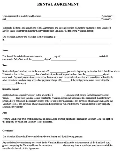 Vacation Home Rental Agreement Form PDF