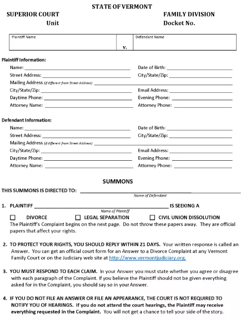 Vermont Complaint For Divorce With Minor Children PDF