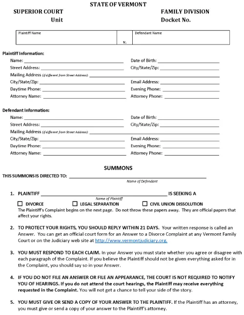 Vermont Complaint For Divorce With No Minor Children PDF