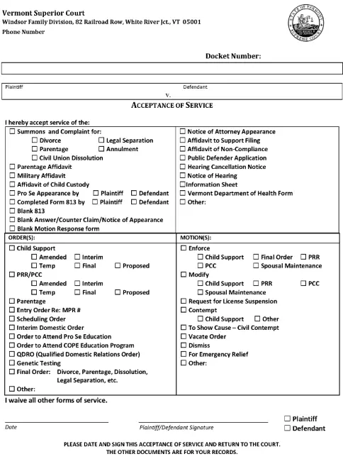 Vermont Divorce Acceptance of Service PDF