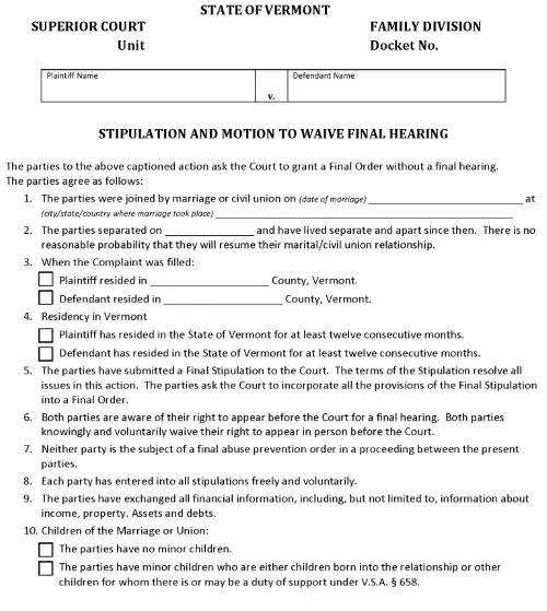 Vermont Divorce With No Minor Children Stipulation and Motion To Waive Final Hearing PDF