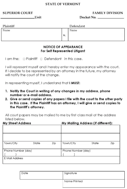 Vermont Notice of Appearance For Self Represented Litigant PDF