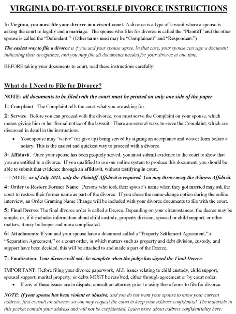 Virginia Divorce Instructions PDF