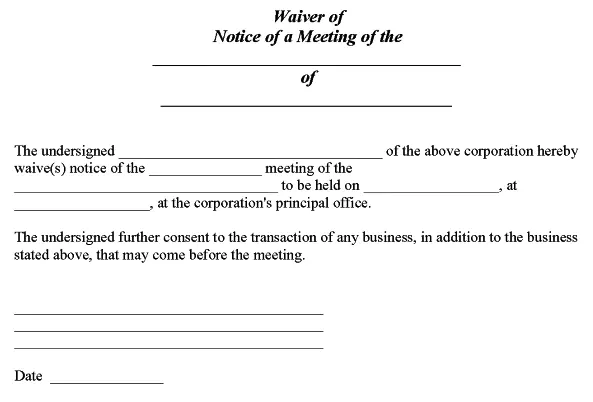 Waiver of Notice of Corporate Meeting Form PDF