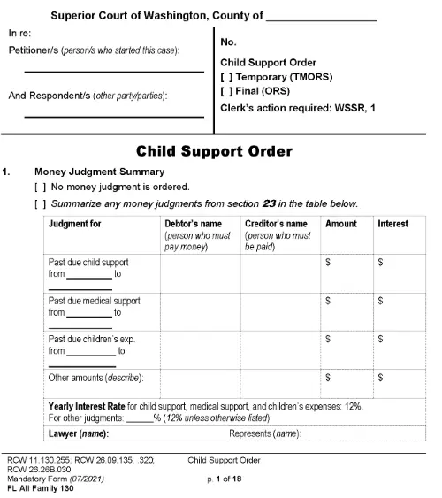 Washington Child Support Order PDF