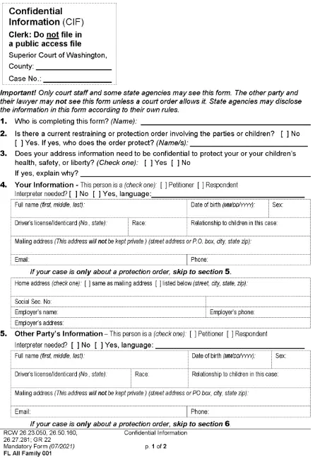 Washington Divorce Confidential Information Sheet PDF