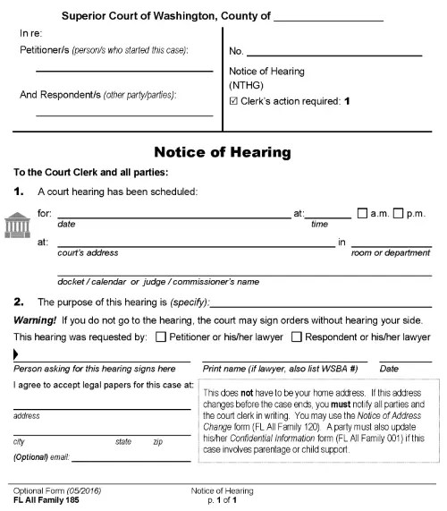 Washington Divorce Notice of Hearing PDF