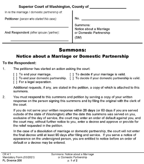 Washington Divorce Summons PDF