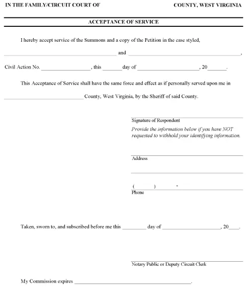 West Virginia Divorce Acceptance of Service PDF