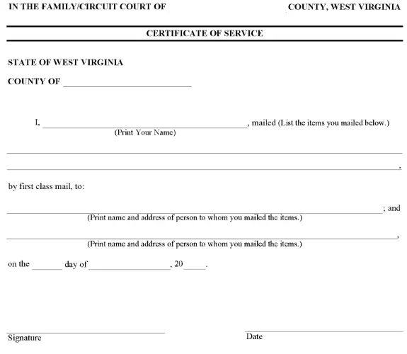 West Virginia Divorce Certificate of Service PDF
