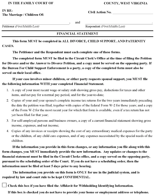 West Virginia Family Court Financial Statement PDF