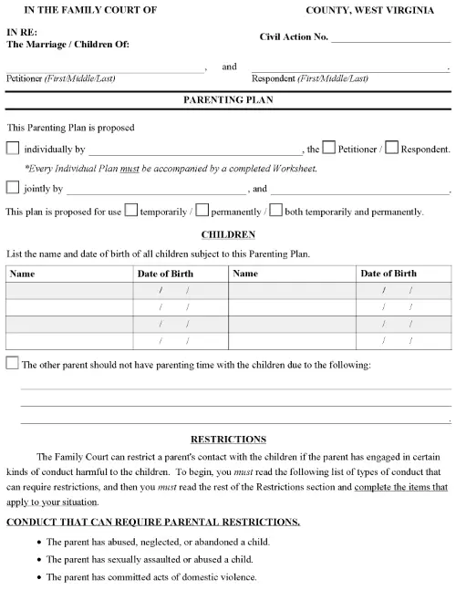 West Virginia Family Court Parenting Plan PDF