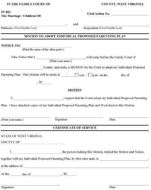 West Virginia Motion To Adopt Individual Proposed Parenting Plan PDF