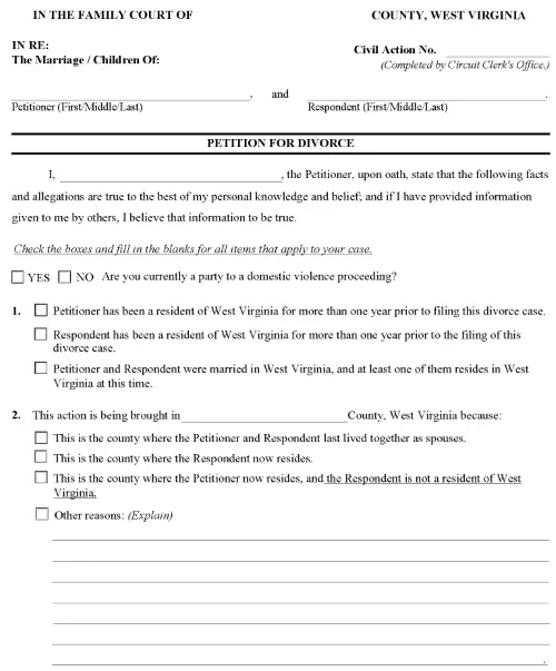 West Virginia Petition For Divorce PDF