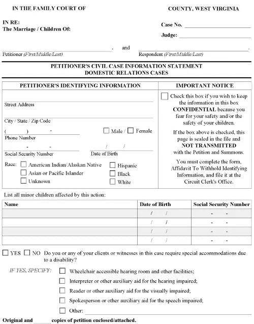 West Virginia Petitioners Civil Case Information Statement PDF
