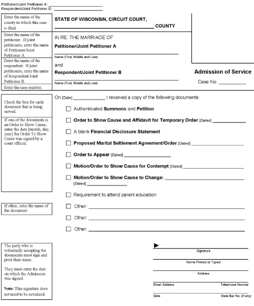 Wisconsin Divorce Admission of Service PDF
