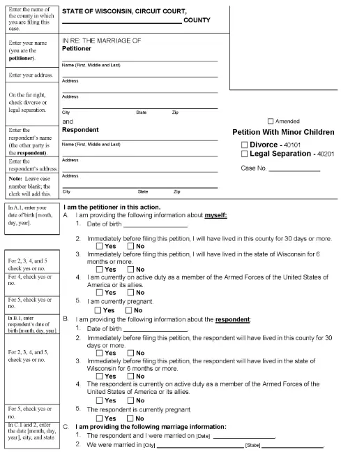 Wisconsin Divorce Petition With Minor Children PDF