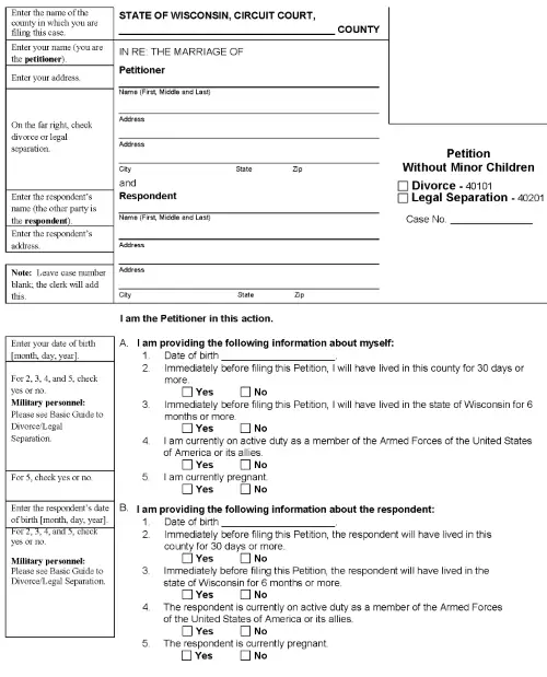 Wisconsin Divorce Petition Without Minor Children PDF