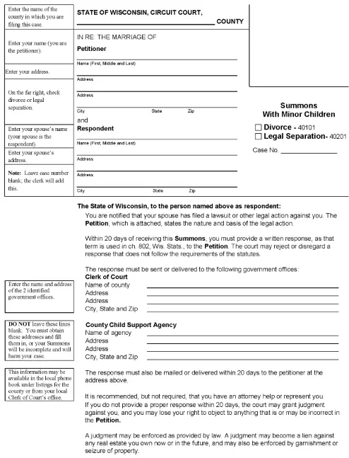 Wisconsin Divorce Summons With Minor Children PDF